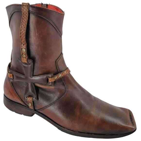 Mark Nason Italy Iron Cross Zip Boots Mens 9 Distressed Brown Leather Rock Lives - Picture 1 of 16